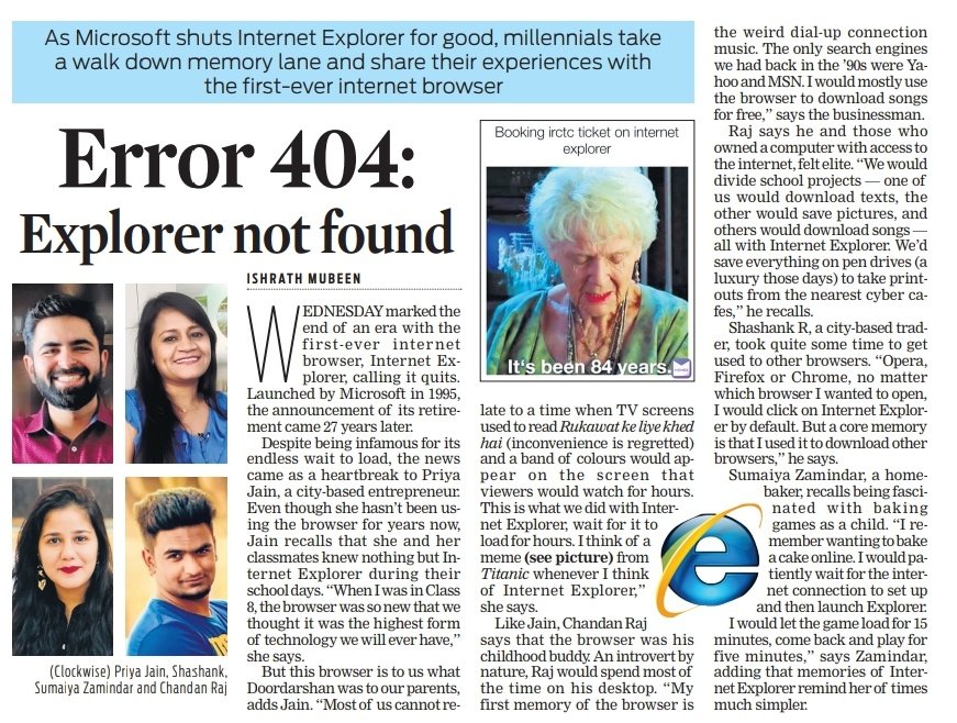 XpressBengaluru's tweet photo. As Microsoft shuts Internet Explorer for good, millennials take a walk down memory lane and share their experiences with the first-ever internet browser, writes @ishrathmubeeen ..

@Cloudnirad @tniefeatures 

https://t.co/kutgubUv1y https://t.co/SIOW2MpJGR