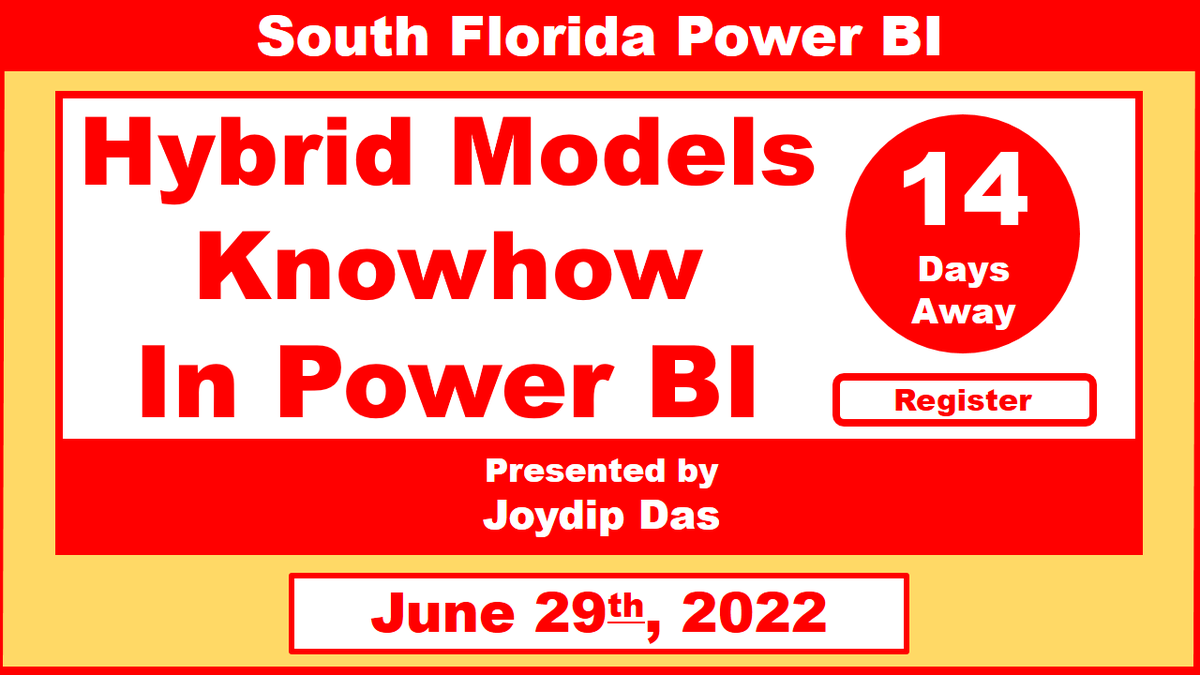 Discover Hybrid Tables in #PowerBI

Join the @SFPBI on its next event:

Title: Hybrid Models Knowhow in Power BI
By   : Joydip Das
Date : Wed. June 29, 2022
Time : 12:00 (Noon) US Eastern

Register Now at bit.ly/3NYjfXC