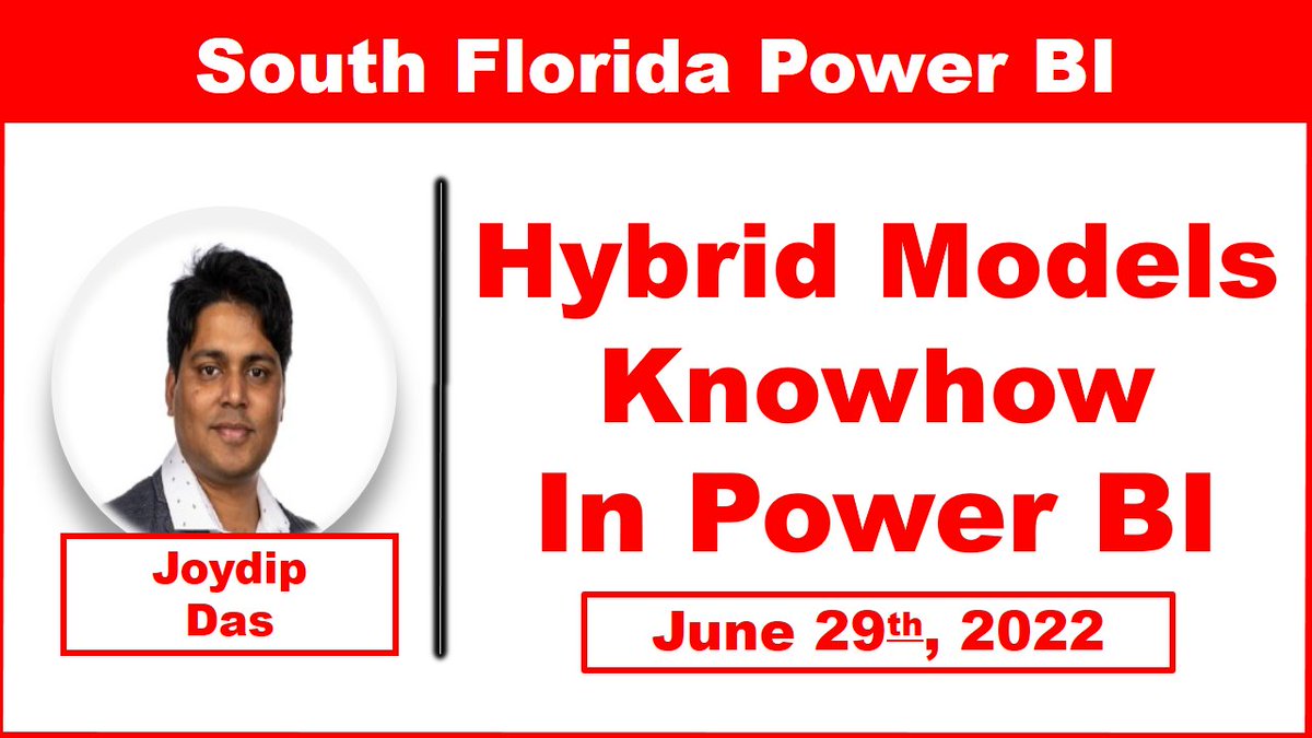 Build a #PowerBI Hybrid Data Model
with Joydip Das

ON - Wed. June 29, 2022
AT - 12:00 (Noon) US Eastern

Join us at the @SFPBI for a live demo that walks you through the creation of a Hybrid #datamodel

RSVP at bit.ly/3NYjfXC