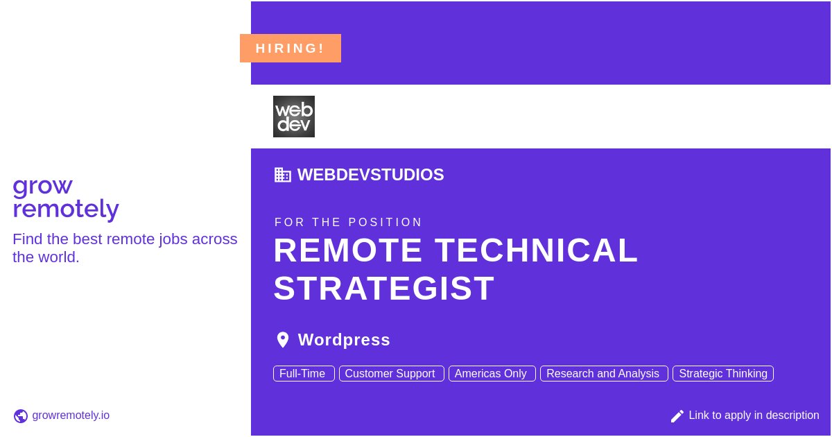 growremotelyio's tweet image. Check out this job at WebDevStudios for the position Remote Technical Strategist.

 Apply link: growremotely.io/?id=62aa73dda3…

#hiring #remotejobs #WebDevStudios #CustomerSupport