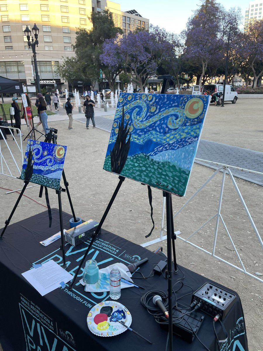 Shoutout to everyone that came to tonight’s wine & paint night in downtown San Jose. I taught everyone how to paint Van Gogh’s “Starry Night.” The next wine & paint night will be happening on July 13th from 6pm-8pm. #DTSJ #art #VanGogh #sanjose #vivaparkssj