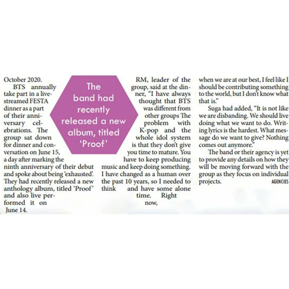 KCC_INDIA's tweet photo. BTS is not taking hiatus

Published in millenium post (Page No-12) on 16th June 2022

#koreanculturalcentreindia #newscoverage #milleniumpost #bts #btsbangtanboys #kpop #btsalbum https://t.co/8BdwB0kXbH