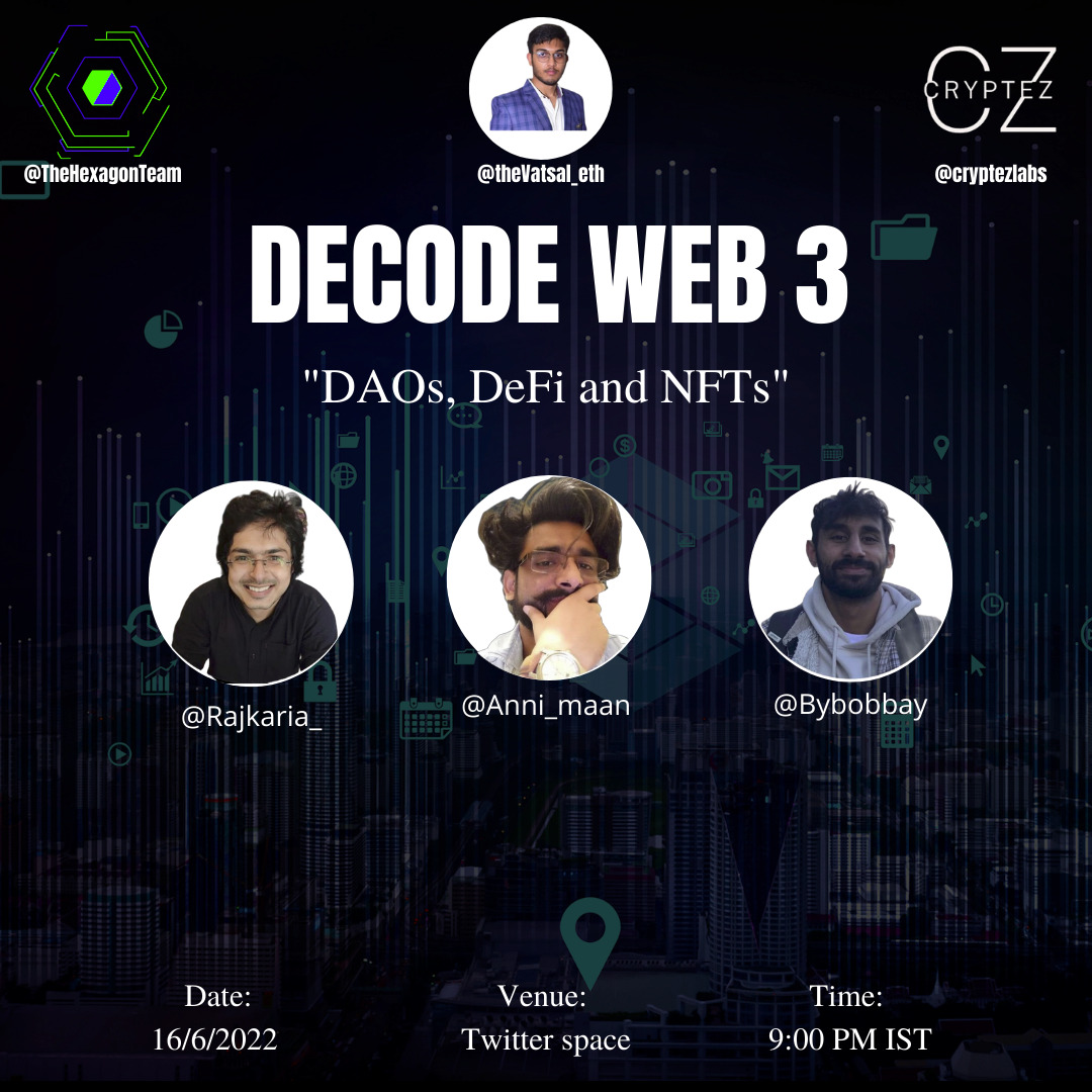 TheHexagonTeam's tweet photo. Day 4: Decode Web3

If you are in web3, you definitely should have heard about NFTs, Defi, DAOs, etc. Understanding them is another task! 🥵 

So here are our guests who will be guiding us through those!
@rajkaria_
@Anni_Maan 
@bybobbay
 
(Set Reminder Below 🧵) https://t.co/wJeJQbNGj9