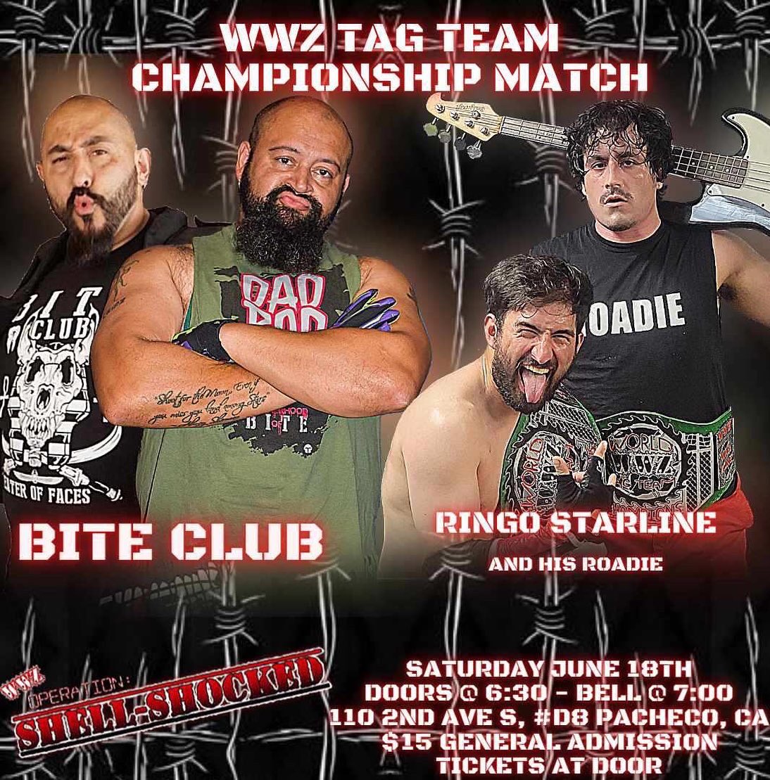 EBPWrestling's tweet photo. Matches announced!
*Ringo StarLine (@iggins22) &amp; his Roadie (@AlgunasMascaras) vs.  #BiteClub (@TheDevinDANGER &amp; @SensationalSims)
* @CheemaDaLion vs. ONYX
*Kidd Wayne (@BrandonNashPro) vs. Beast Master (@osojohan01)
*The Enforcer vs. Dante Daring (@d_DanteHume)
#WWZ #EastBayPro https://t.co/MirW8A5vML
