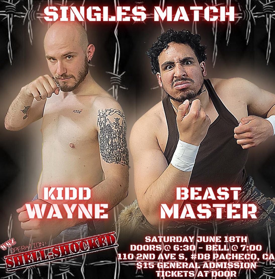 EBPWrestling's tweet photo. Matches announced!
*Ringo StarLine (@iggins22) &amp; his Roadie (@AlgunasMascaras) vs.  #BiteClub (@TheDevinDANGER &amp; @SensationalSims)
* @CheemaDaLion vs. ONYX
*Kidd Wayne (@BrandonNashPro) vs. Beast Master (@osojohan01)
*The Enforcer vs. Dante Daring (@d_DanteHume)
#WWZ #EastBayPro https://t.co/MirW8A5vML