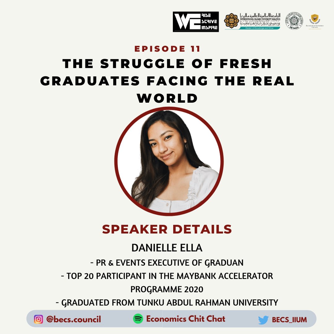 BECS_IIUM's tweet photo. Assalamualaikum everyone! We're back with another episode of Economics Chit Chat! ✨

This time we bring you a topic on The Struggle of Fresh Graduates Facing The Real World with Ms. Danielle Ella, who was a PR and Events Executive of Graduan. https://t.co/l38Rmsjq1M