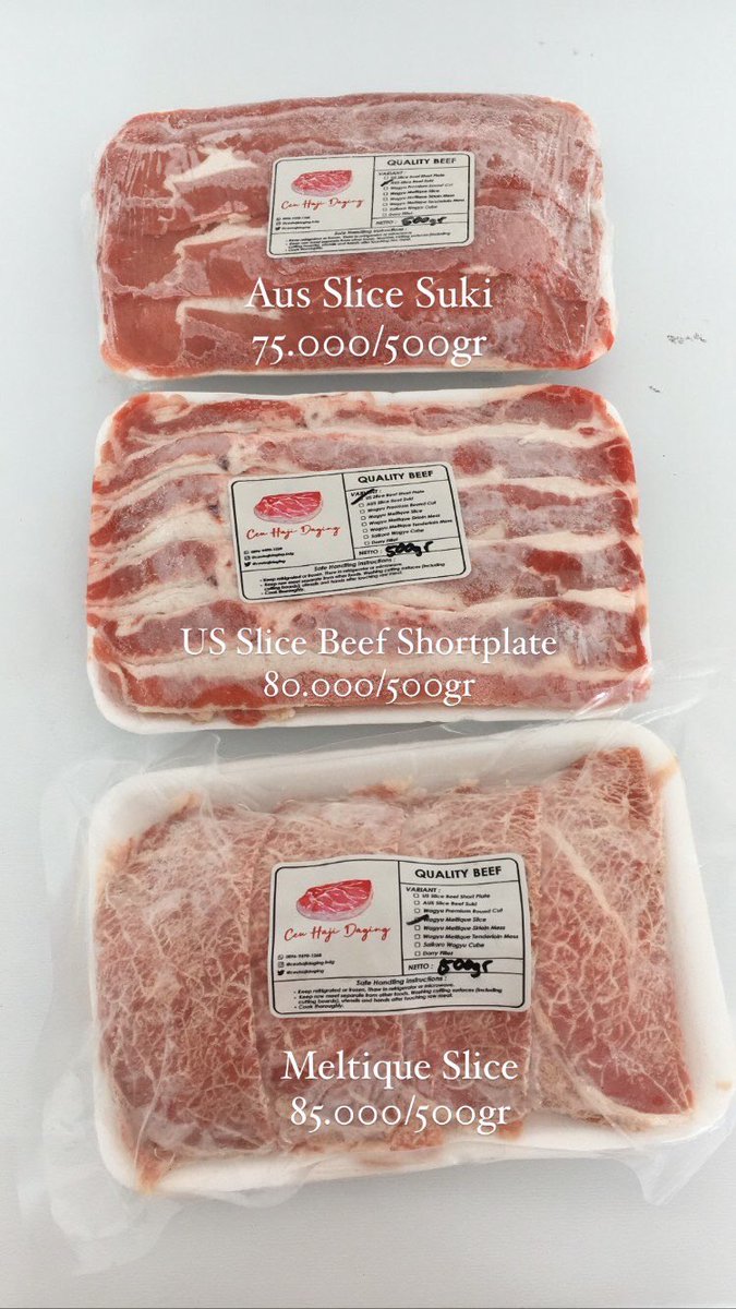 Yes we’re open!

Ready stock

US Slice Beef Shortplate
Meltique Slice
Saikoro
Chicken Slice
Meltique Steak Mess &amp; Premium

Hayu atuh bbq-an~

Order :
WA 089694901268
📍Jl AH Nasution no 101 Bandung