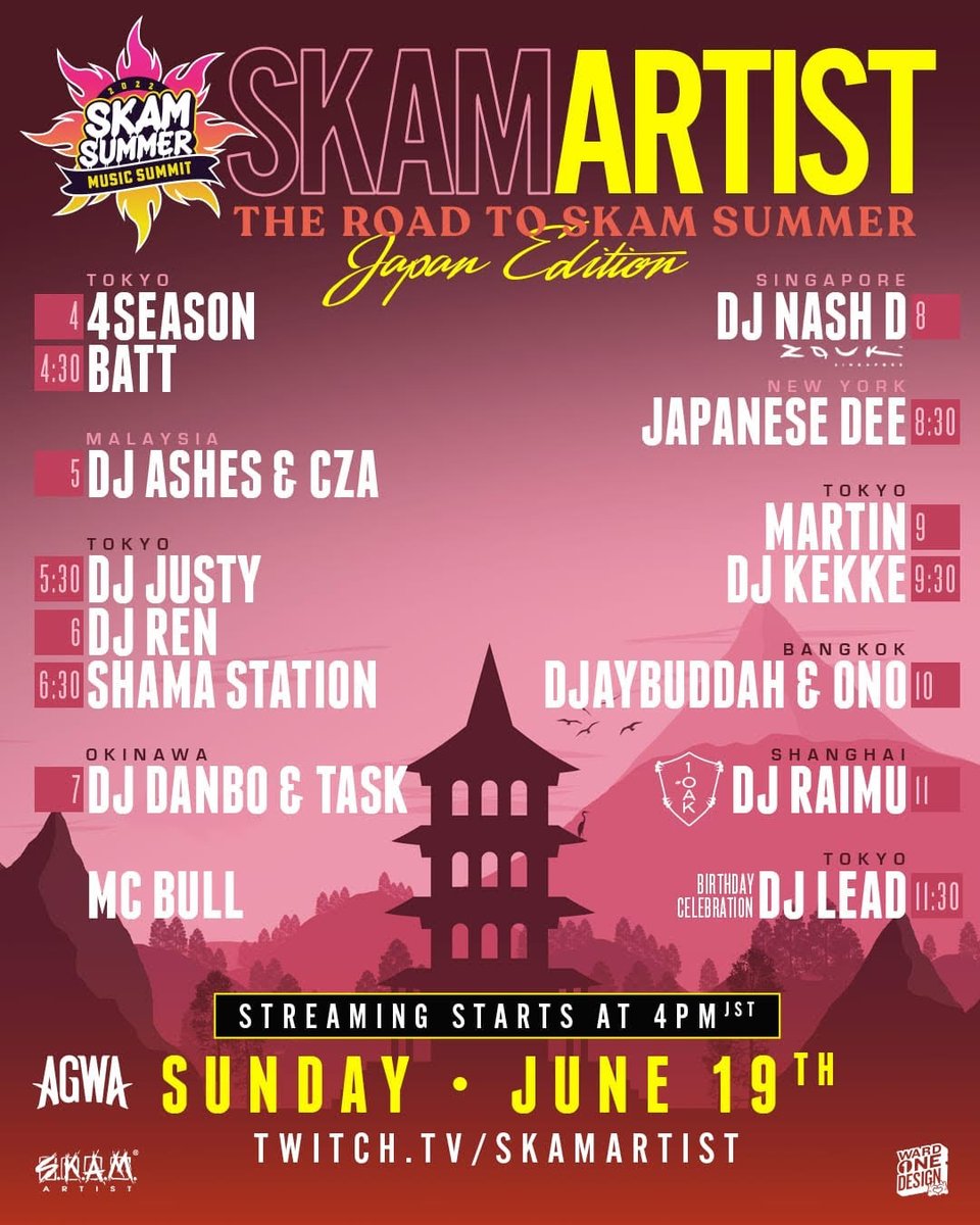 【The Road To SKAM Summer Music Summit】Twitchライブストリーミング。出演するDJはSKAM ArtistのメンバーでもあるDJ LEADやDJ Martinをはじめアジアで影響力のあるDJや、有名なクラブのレジデントDJが予定されています。

詳細はコチラから
bit.ly/3OneLtv