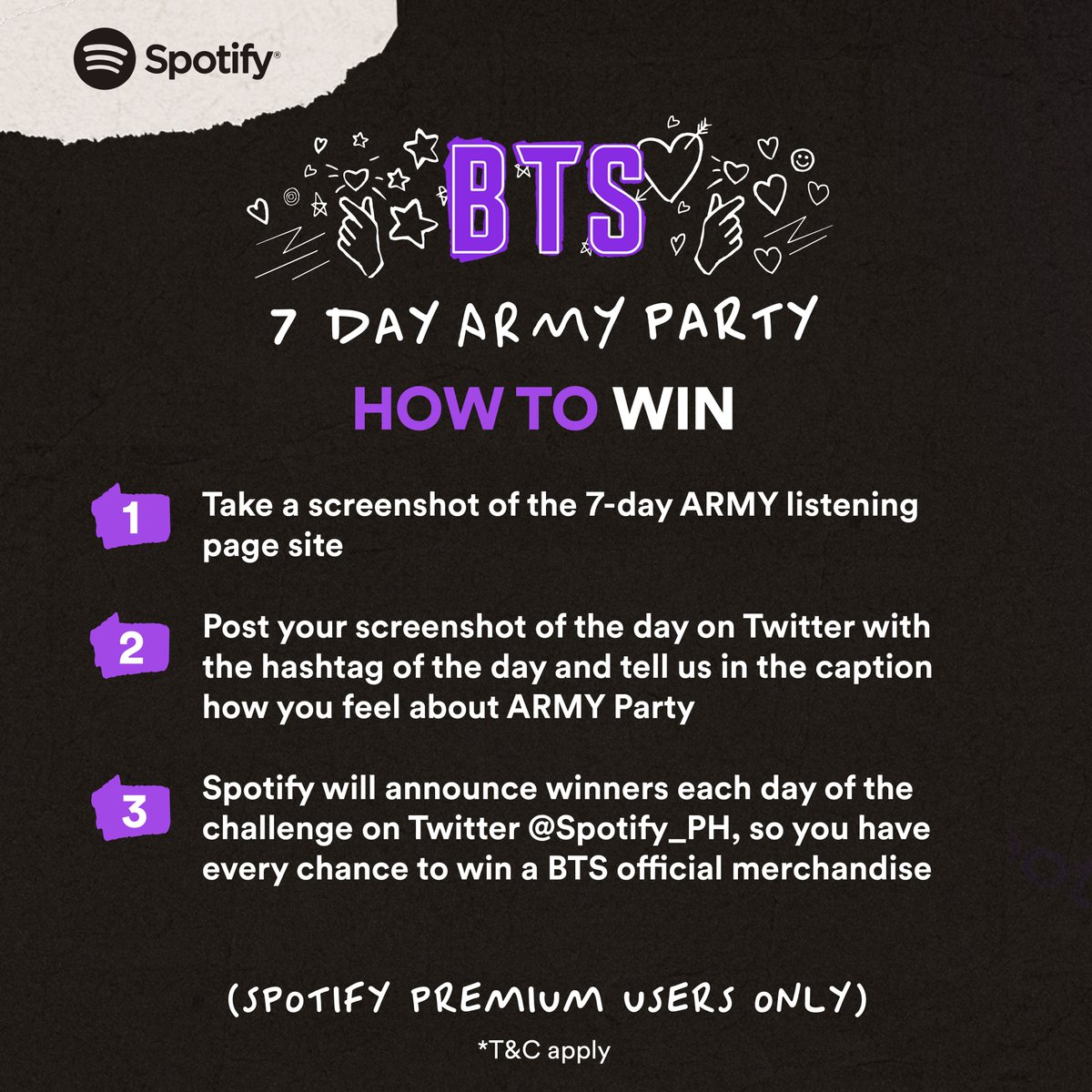 It’s official, Filo ARMY. Proof era just got more exciting with our #7DayARMYParty 💜 Listen to a new, curated BTS playlist everyday from June 17-23 on 7dayarmyparty.byspotify.com There’ll be a competition for you to win exclusive BTS merch, too! #SpotifyPurpleU #SpotifyxBTS