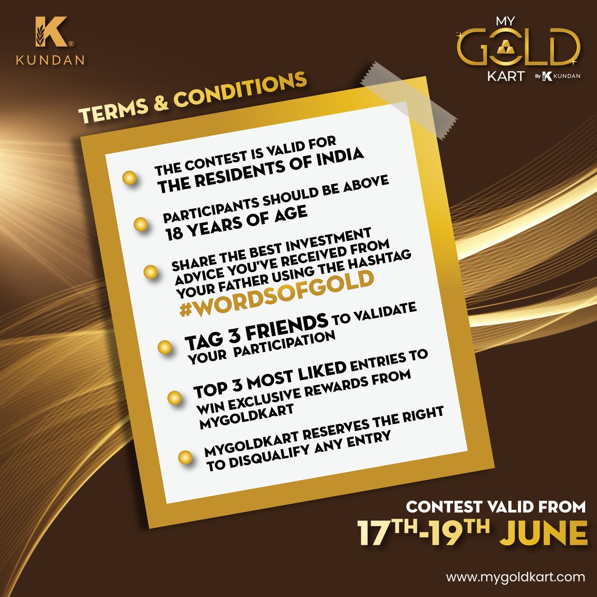 MyGold_Kart's tweet photo. Ready to participate in the #WordsOfGold contest? Participate, share & tag your friends to win amazing rewards.
Note: Read all the T&C before participating.
#MyGoldKart #MGK #Contest #FathersDay #FathersDayContest2022 https://t.co/plR5PLS2Xf