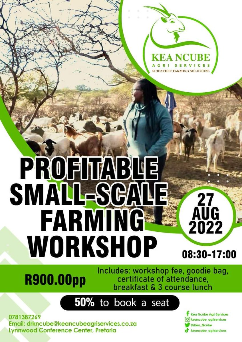 DrKea_Ncube's tweet photo. I once shared that I'll be bringing you an exciting, informative workshop to help you successfully build your farming business😊. The Profitable Small-scale Farming Workshop will take place on 27 August at the Lynnwood Conference Centre. WhatsApp me on 078 138 7269 for more info https://t.co/yXQfDiobao