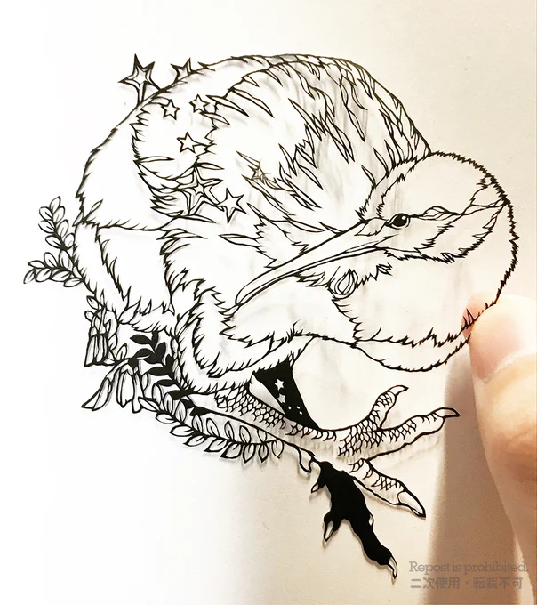 ノースアイランドブラウンキーウィ(Apteryx mantelli)
ニュージーランドの国鳥といったらキーウィ!🥝
体重の4分の1の重さの卵を産むこ有名。ちなみに鼻の穴は嘴の先端にあります。
🥝キウイフルーツの語源です🥝
#切り絵 #烏海切り絵 