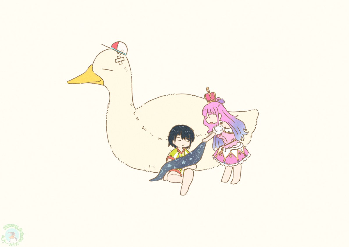 himemori luna ,oozora subaru multiple girls 2girls crown pink hair black hair long hair duck  illustration images