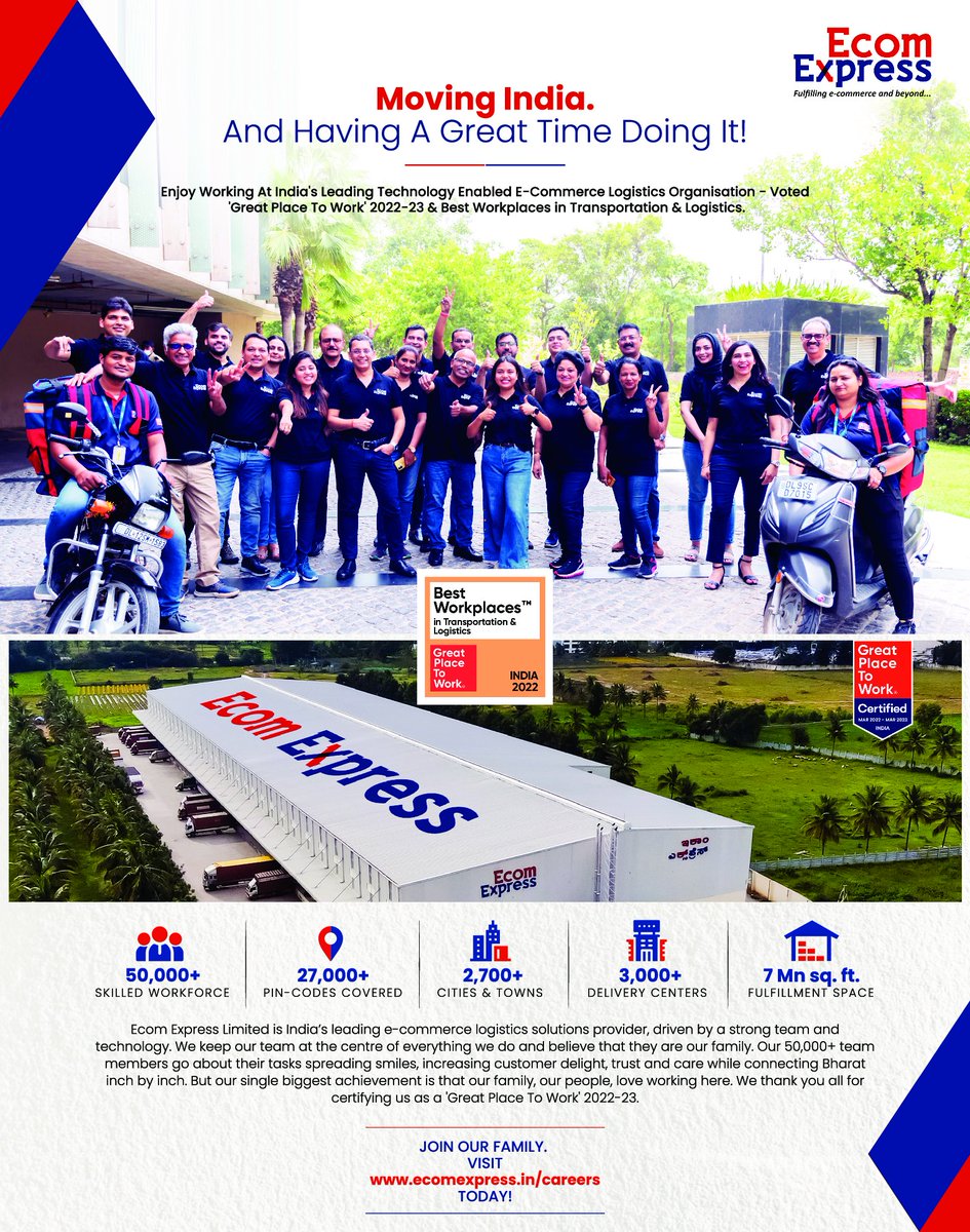 EcomExpress_Ofc's tweet photo. With great pride we announce that @EcomExpressLimited has ranked in Top 6 Best Companies in transportation and logistics by the @GPTW_India.
We owe this moment to our people and their unequivocal contribution.

@EconomicTimes
.
 #gptw2022 #bestinlogistics #ecomexpresslimited https://t.co/KNGDMKrRBp