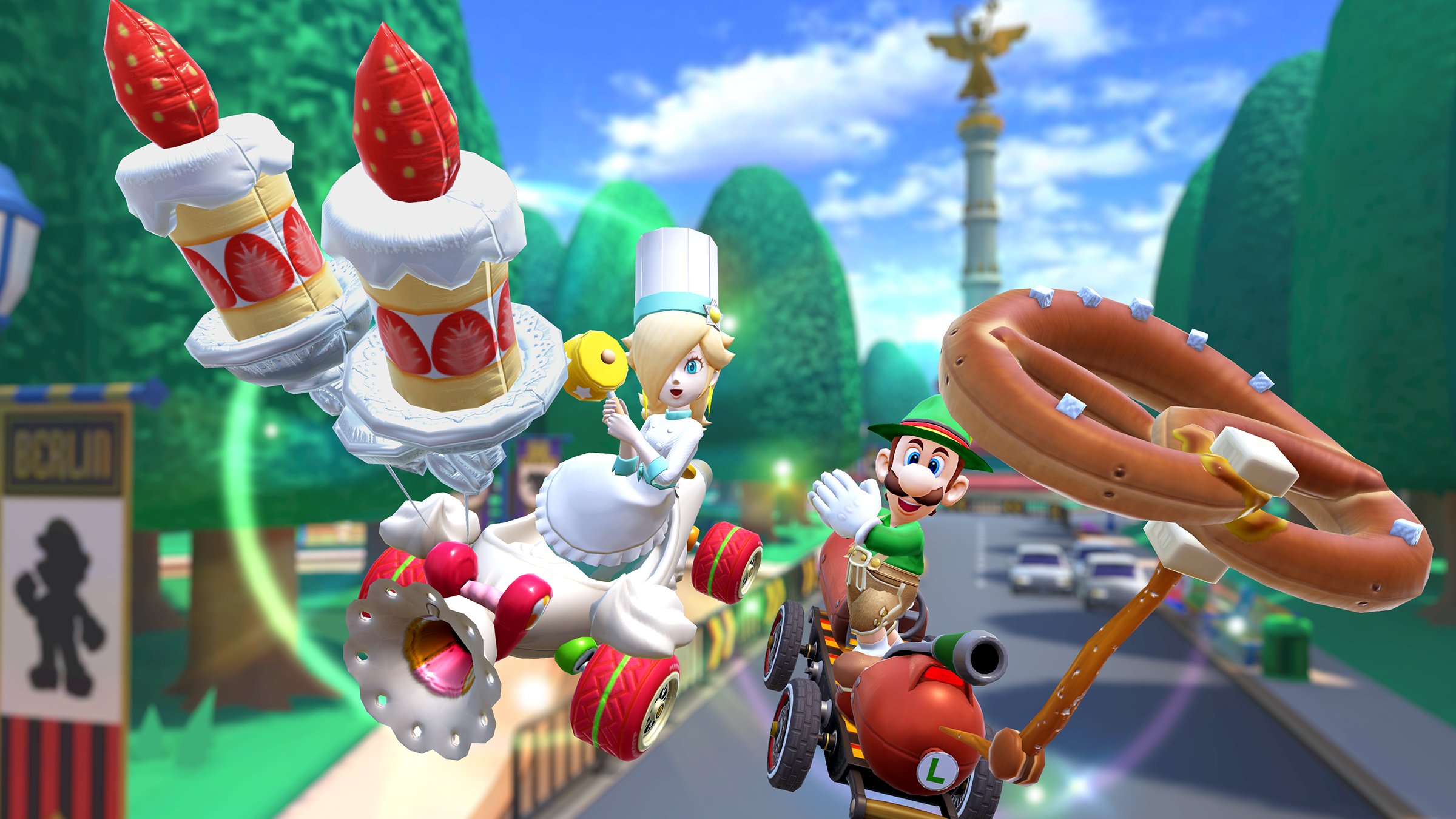 マリオカート ツアー 都市コースに彩りを添えて ロゼッタ シェフ が あま い香りがしそうなマシン ホイップスイート やグライダー キャンドルケーキ と共に新登場 さらに 新マシン バタープレッツェル も登場しているぞ