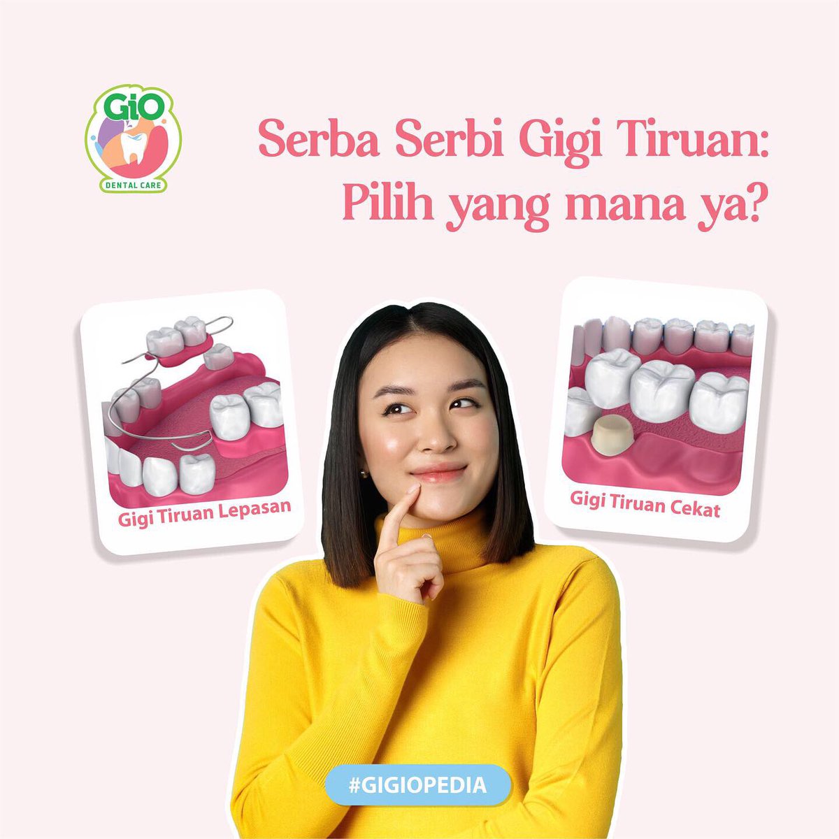 GiODentalCare's tweet photo. Sayang GiO, tahu ngga? Gigi ompong bisa diatasi dengan Gigi Tiruan loh ✨
Ada 2 jenis Gigi Tiruan yang Sayang GiO pilih😍 Gigi Tiruan Cekat (GTC) atau Gigi Tiruan Lepas (GTL), hemm apa ya bedanya?🤔
Yuk kepoin ❤️

Apapun Keluhannya, Perawatannya hanya di GiO!💖 https://t.co/lNrZHcRxYT