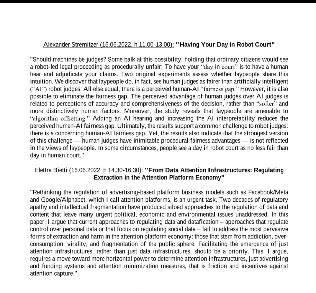 eura_of's tweet image. #TODAY, form 11 a.m. join @eura_of
for seminars on #RobotJudges and #AttentionPlatformsEconomy, together with Prof. @Stremitzer_Lab, and Dr. @Elibietti!
- On site: Aula 3 @ScuolaSantAnna
- Online: lnkd.in/ebS4vepk