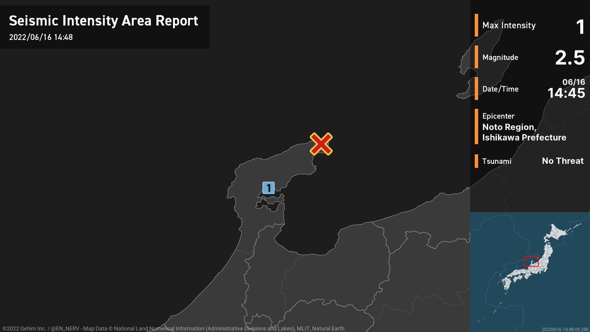 Earthquake Detailed Report – 6/16
At around 2:45pm, an earthquake with a magnitude of 2.5 occurred near Noto, Ishikawa Prefecture at a depth of 10km. The maximum intensity was 1. There is no threat of a tsunami. #earthquake https://t.co/fbgFZIqDX3