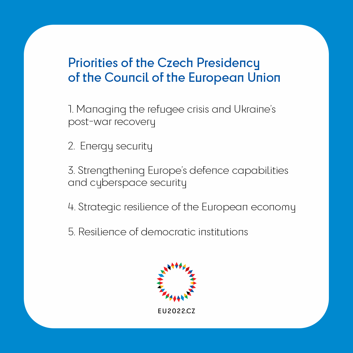 EU2022_CZ's tweet photo. The #CZPRES 🇨🇿🇪🇺 priorities set the course of the Presidency over the next six months. They include, among others, energy security or the strategic resilience of European economy. https://t.co/x2bDLM0iAu