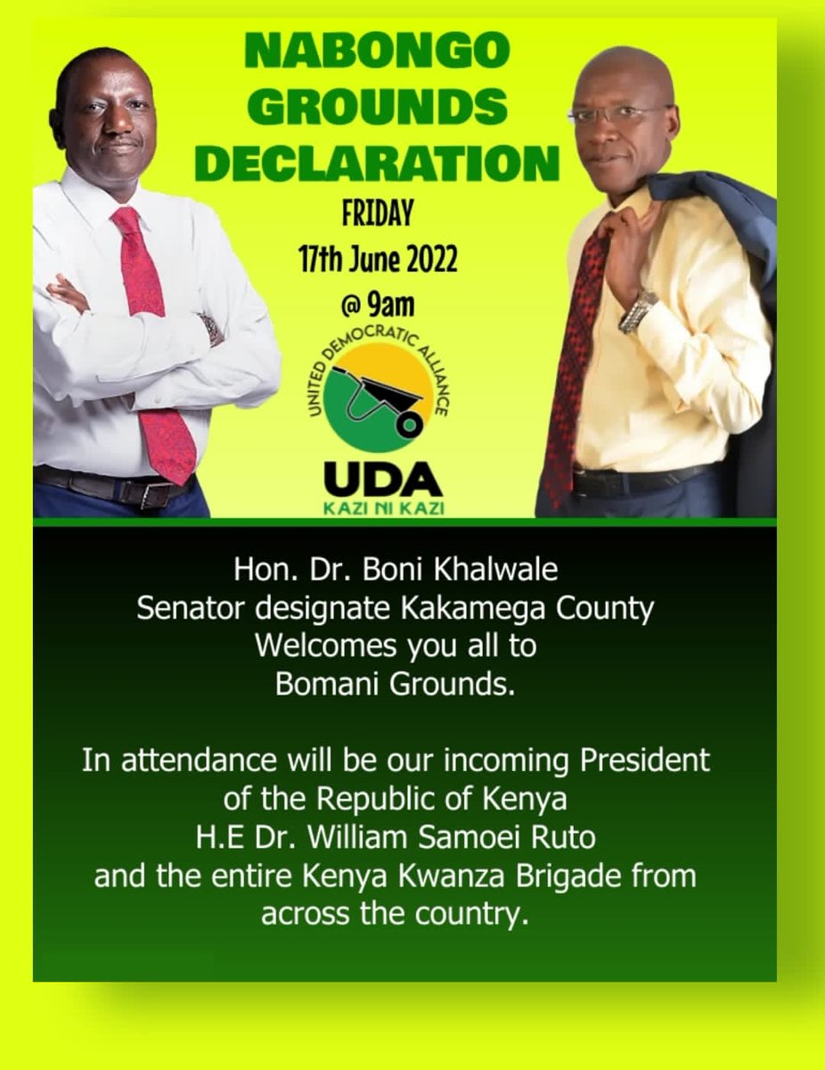 Tomorrow <a href="/KBonimtetezi/">Dr Boni Khalwale, CBS</a> will be welcoming H.E the 5th president and Kenya Kwanza brigades at mumias west, and it goes without doubt that kakamega county has been locked under Kenya Kwanza and both of its feet are locked in the next govt under William ruto.
<a href="/felix_akoyo/">FelixMandelaAkoyo</a>