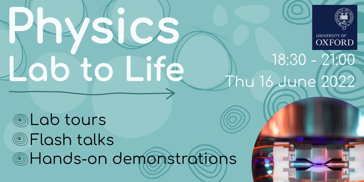 OxfordPhysics's tweet photo. TONIGHT! #LabToLife is on tonight and everyone is welcome to attend. Aimed at adults and young people (age 14+) who are curious about the applications of physics. No background knowledge in #physics is required and you can ask lots of questions! Read more:
https://t.co/dEFOeFPCQk https://t.co/77LdcTrhBX