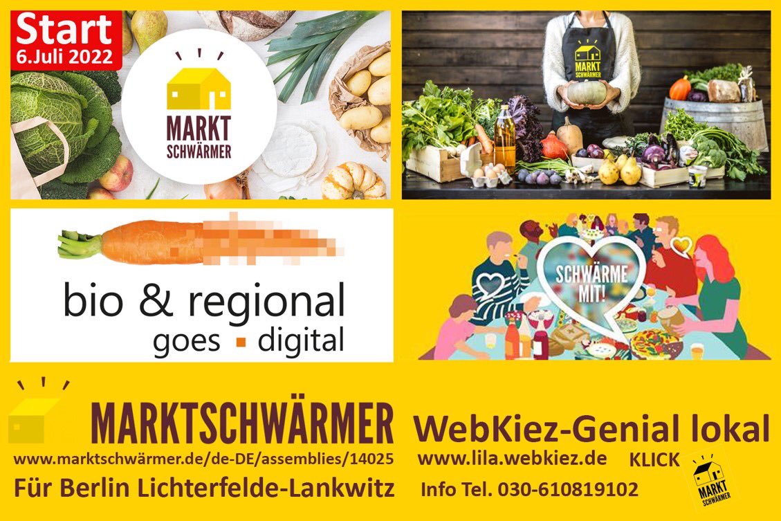 Am Sonntag, dem 26.Juni präsentiert WebKiez-Genial lokal auf der Veranstaltung “Kranoldplatziertsichneu” das neue Projekt “Marktschwärmerei “ für Lichterfelde-Lankwitz . Jetzt schon mehr unter marktschwaermer.de/de-DE/assembli…