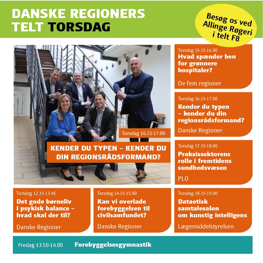 Godmorgen og velkommen til de første debatter i regionernes telt på Folkemødet!☀️

I dag kan du bl.a. blive klogere på forebyggelse, grønne hospitaler og kunstig intelligens. Og så kan du finde ud af, hvilken type din regionsrådsformand er🙂
Håber, vi ses!
#fmdk #sundpol #dkgreen