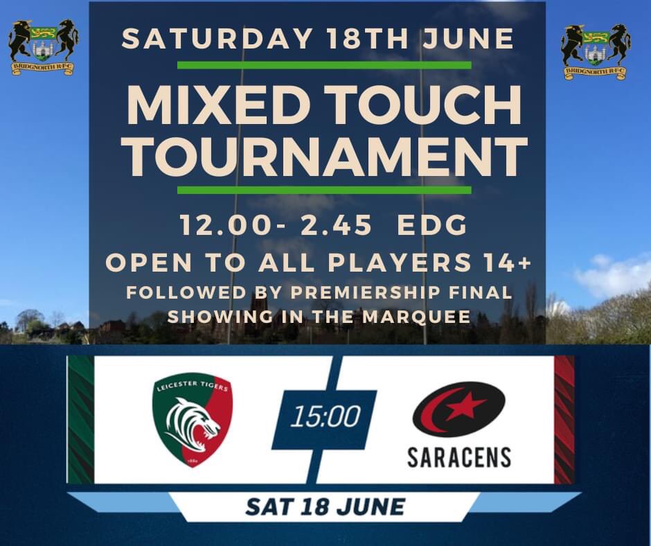 bwrfc1's tweet photo. 🏉Come and play some Touch Rugby.
12pm meet
🏉Saturday 18 June
Open to everyone 14yrs and over. 
🏉Premiership Final will be showing in the marquee where Leicester Tigers and Saracens play in the ultimate showdown, in the bid to be crowned the champions of English rugby. https://t.co/8dS8IqU1Zn
