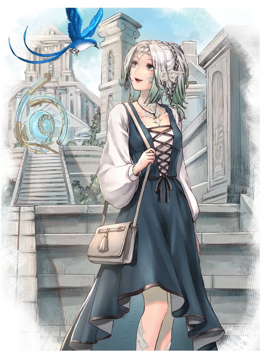 avatar (ff14) 1girl scales bag au ra horns stairs dress  illustration images