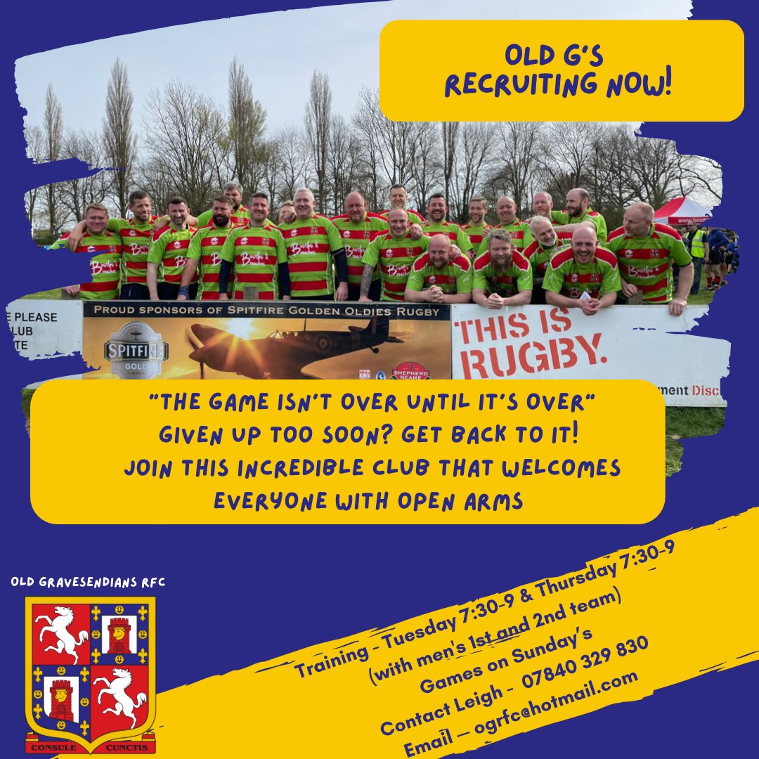 old_gs's tweet photo. Have you ever thought that you stopped playing too soon? It’s time to get back into it. Old Gs caters for all ages - and also has a successful Vets team that plays on Sundays during the season.

So get those boots back on and get back into rugby at Old Gravesedians. https://t.co/xrMcTKtan2