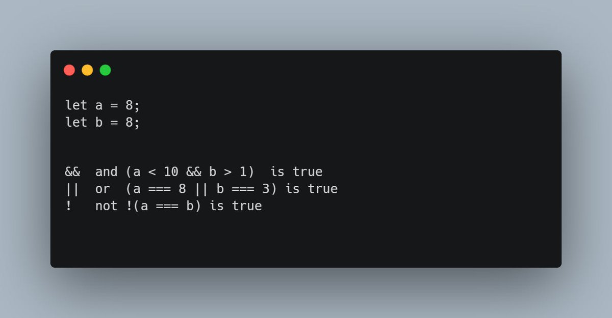 {25/28}• JavaScript Logical OperatorsThere are three logical operators in JavaScript (AND, OR, NOT). The & operator returns true if both the conditions are true. In the below example 8 is less than 10 and greater than 1, here both of the conditions are true so result is true