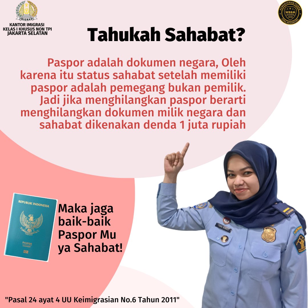 Halo Sahabat Mido!
Jaga paspormu baik-baik ya, karena paspor adalah dokumen negara jadi jangan sampai hilang atau rusak. Karena jika hilang akan dikenakan denda 1 juta dan jika rusak sebesar 500ribu rupiah.

#kanwilkumhamdkijakarta 
#paspormudah