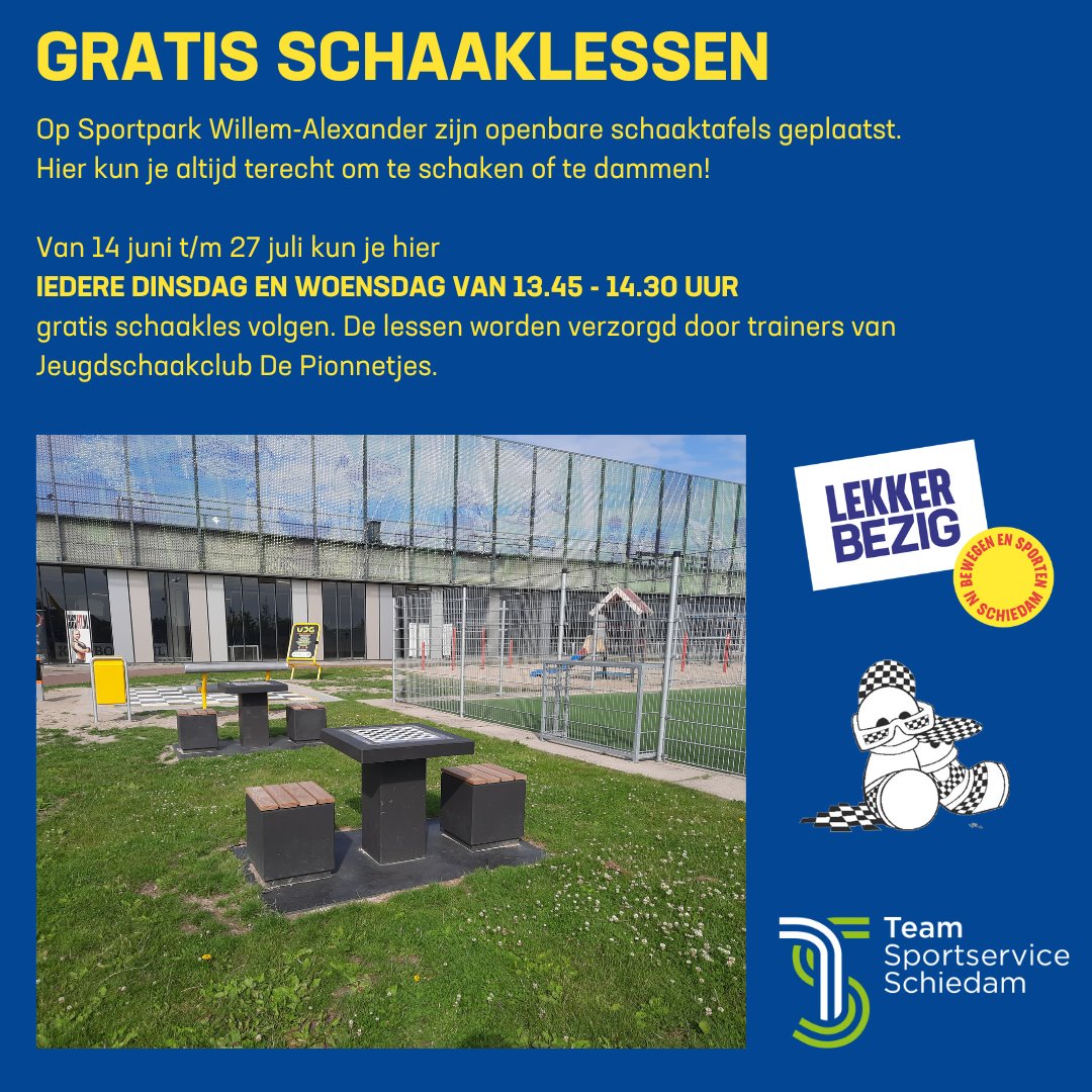 Onlangs zijn ook op Sportpark Willem-Alexander schaaktafels geplaatst. Iedere dinsdag en woensdag vinden hier schaaklessen plaats. De gratis lessen zijn van 13.30 tot 14.30 uur. Kom langs en doe mee!