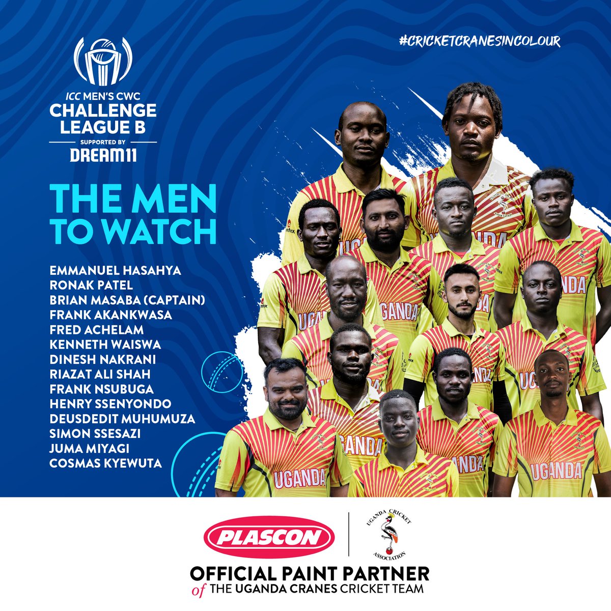 With afew hours to the ICC Cricket World Cup Challenge B League that's happening tomorrow at Lugogo Cricket Oval!

Here's the @CricketUganda 's team to watch! 🏏

Come let's support the Cricket Cranes✊🇺🇬

#TheRoadToCWC23 #CricketCranesInColour
