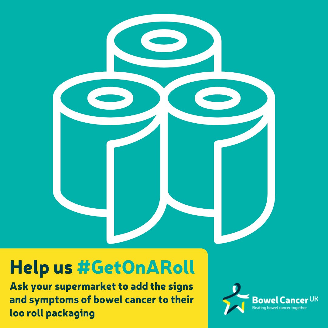 bowelcanceruk's tweet photo. Help us #GetOnARoll 🧻 

Almost half of adults in the UK can’t name a single symptom of bowel cancer. Get behind our new campaign today and ask your supermarket to add them to their loo roll packaging and help save lives: https://t.co/NmjBdWTaeH https://t.co/sxCQY40lwl