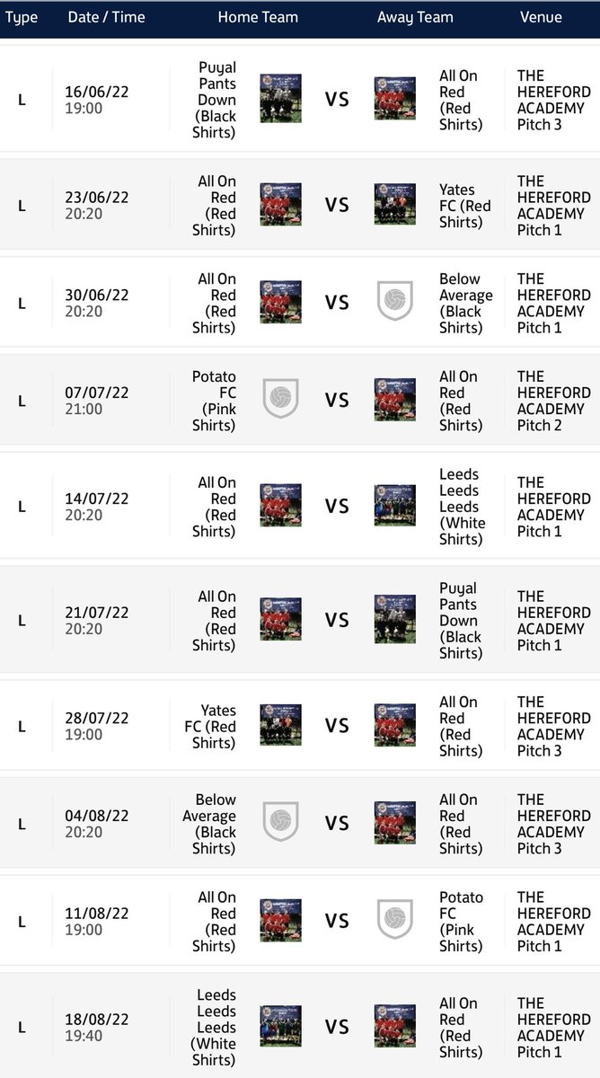 AllOnRedFC1's tweet photo. 👇📆🙌

Our debut in the @HerefordshireFA Super 6’s kicks off tomorrow evening against ‘Puyal Pants Down’ with a 7pm KO!

Let’s do this 💪

#AOR #UTR https://t.co/wWRZbxTYL7