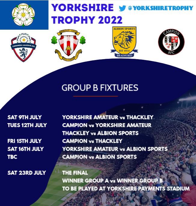 The Yorkshire Trophy is BACK! 🏆 We can confirm the return of the Yorkshire Trophy with 7 new teams alongside @brighousetownfc, they are: @GarforthTownAFC @Swallownest_fc @Horbury_TownFC @AFCAmmers @ThackleyAFC @AlbionSportsAFC @CampionAFC #YorkshireTrophy2022