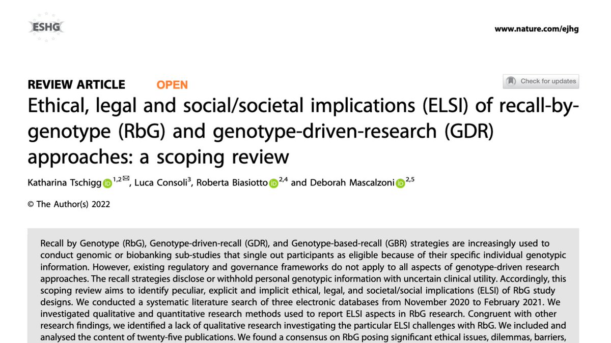 Katharina (@katschigg) on Twitter photo Tracing “unruly ethics” and “ethical conundrums” in genotype-driven research recruitment in #genomics & #biobanking.
#PhDProgress💃 my first scoping review in the <a href="/ejhg_journal/">European Journal of Human Genetics</a>🫂<a href="/Dmascalzoni/">Deborah Mascalzoni</a> <a href="/RobeBiasiotto/">Roberta Biasiotto</a> <a href="/spiritwanderer/">Luca Consoli</a>
Tap in📄 rdcu.be/cPLcq Tracing “unruly ethics” and “ethical conundrums” in genotype-driven research recruitment in #genomics & #biobanking.
#PhDProgress💃 my first scoping review in the <a href="/ejhg_journal/">European Journal of Human Genetics</a>🫂<a href="/Dmascalzoni/">Deborah Mascalzoni</a> <a href="/RobeBiasiotto/">Roberta Biasiotto</a> <a href="/spiritwanderer/">Luca Consoli</a>
Tap in📄 rdcu.be/cPLcq