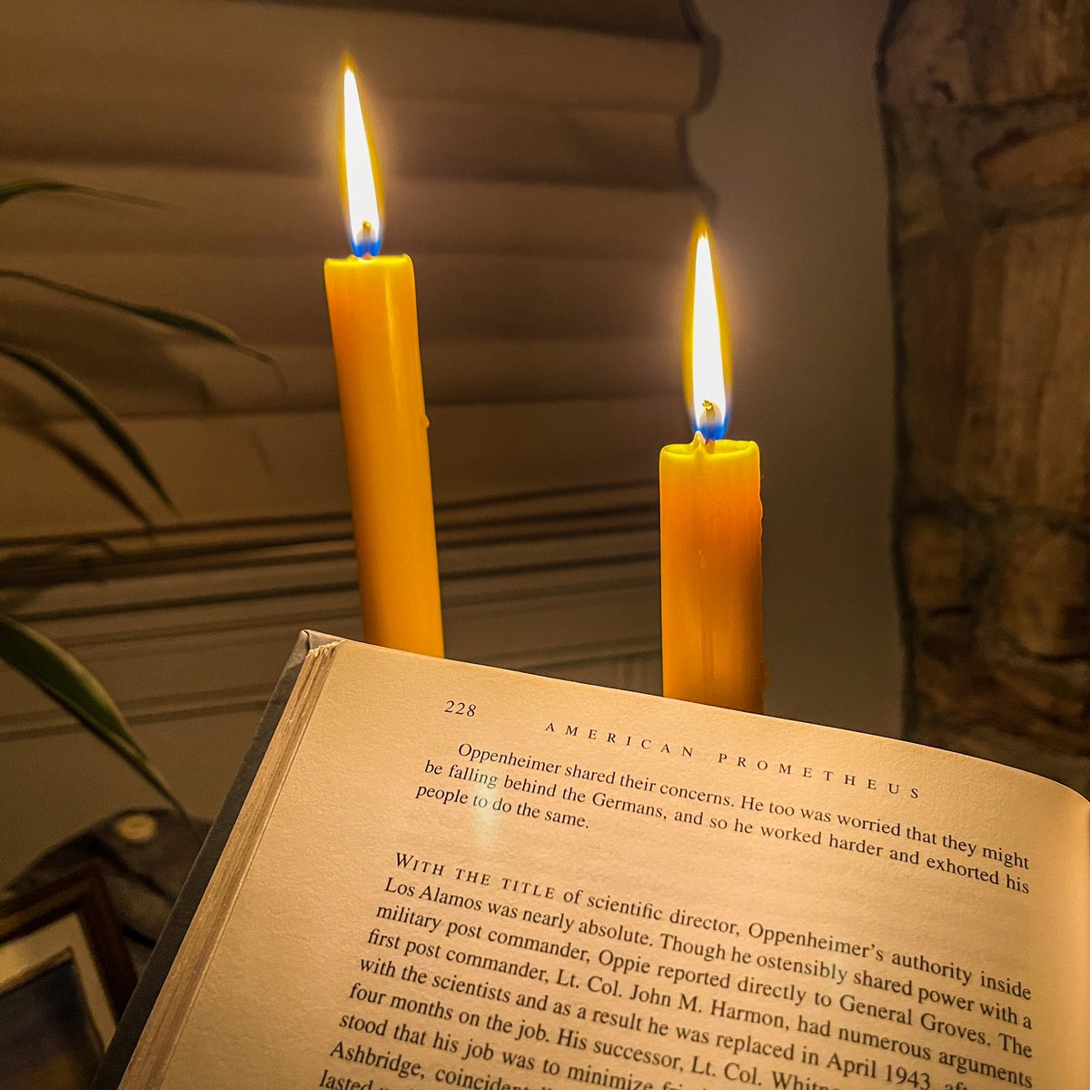 It’s been an evening of #reading by candlelight. Power’s been since 6:40pm & is not supposed to be restored until 11am tomorrow (the culprit is a fallen tree). Open flame seems an appropriate source of illumination for this excellent book.
#AmericanPrometheus