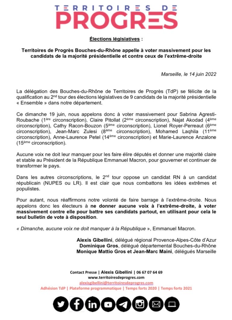 Dans notre département, @TerresDeProgres appelle à voter massivement pour les 9 candidats de la majorité présidentielle #Ensemble au 2nd tour.

Nous appelons aussi à combattre l’extrême-droite, en votant contre elle dans les autres circonscriptions.

#législatives2022