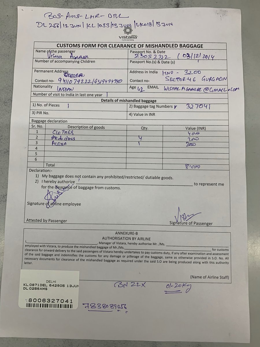 wishalagarwal's tweet photo. @airvistara 
Request you to provide update on mishandled baggage onUK0018 June 13 flight https://t.co/GyzyJnBdjl