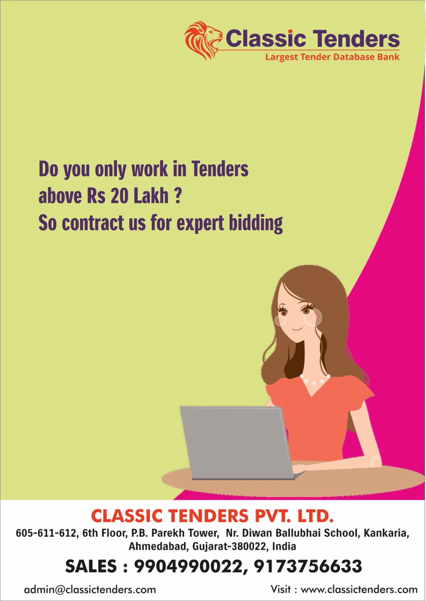 Tender Bidding is a lengthy process, don't waste your time to do it your own, hire our expert bidding team to save your time &amp; energy
Whatsapp: 9687177333
Email us: admin@classictenders.com
Visit us classictenders.com
Locations: Ahmedabad