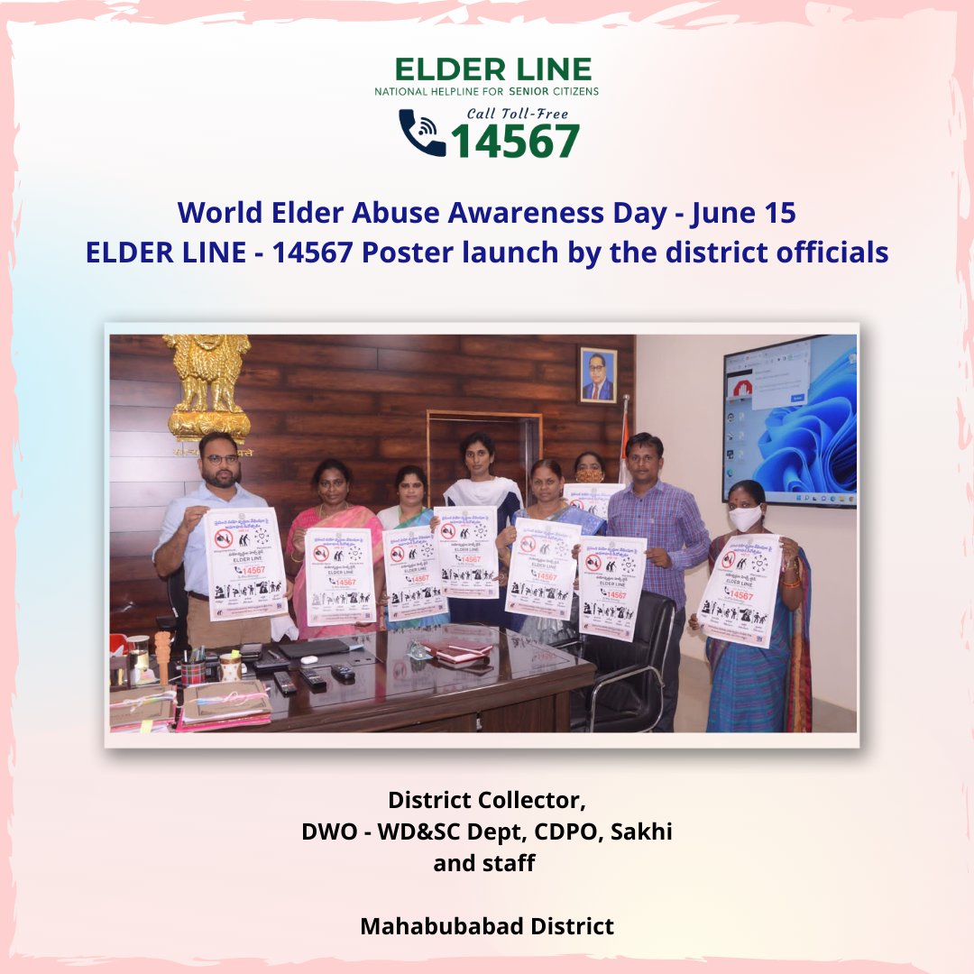 TS_Elderline's tweet photo. Across #Telangana, on #WorldElderAbuseAwarenessDay all District Collectors, SP/CPs, RDOs, DWOs &amp; other district officials raised awareness about Elder Abuse &amp; Elder Line 14567.
#StopElderAbuse
#SpreadLove
#NationalHelplineForSeniorCitizens
#ElderLine14567
#avoiceforseniorcitizens https://t.co/I9HKAwuXoX