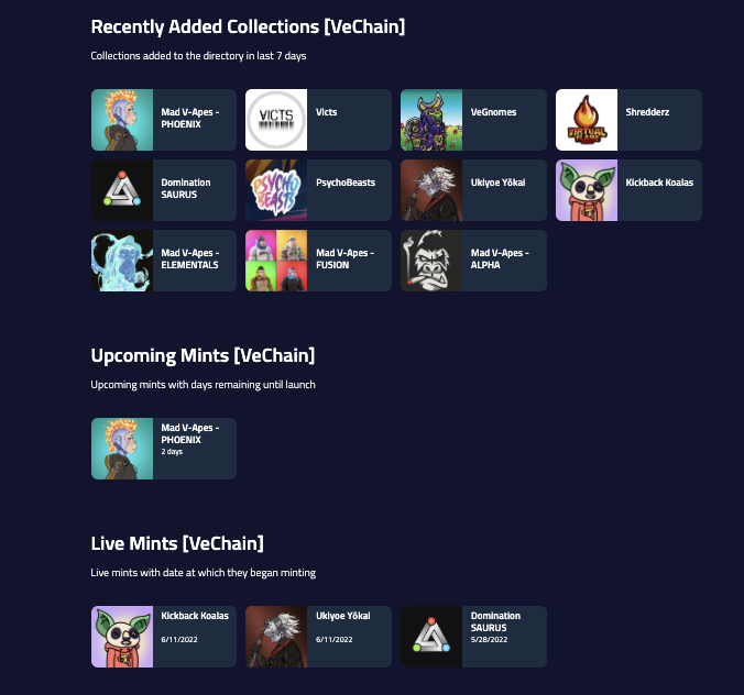 Hajedan's tweet photo. Application form for #VeChain NFT projects is open!

Below you can see WIP directory being already filled with past, present &amp; future projects for initial launch

Head over to https://t.co/DQdW2179Hy and fill the form for listing on our SOON coming directory of VET NFT projects🥳 https://t.co/X24fjruQ0i
