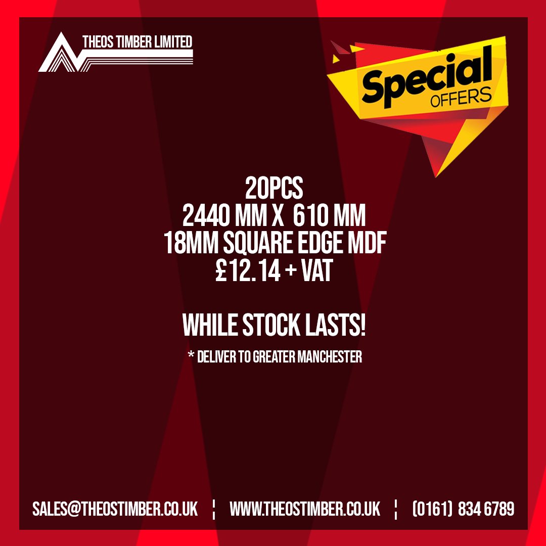 theostimber's tweet photo. SPECIAL OFFER:
2440mm x 610mm MDF £12.14+VAT
Offer for 20pcs 

Call: 01618346789
Email: sales@theostimber.co.uk

Quick only while stocks last!

#MDF #Sale #Offer #DIY #Buildersmerchant #Merchant #Trade #Public #Manchester #Supplier #Manchester #Merchant #Supplier https://t.co/HUKznYB4dt