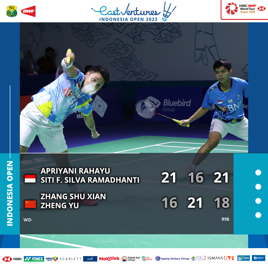 INABadminton's tweet photo. Kalahkan pasangan China, Apri/Siti melaju ke babak perempat final! Awesome rubber game!

#BadmintonIndonesia #EVIO2022 #ngistora https://t.co/ioyVGXFnmu