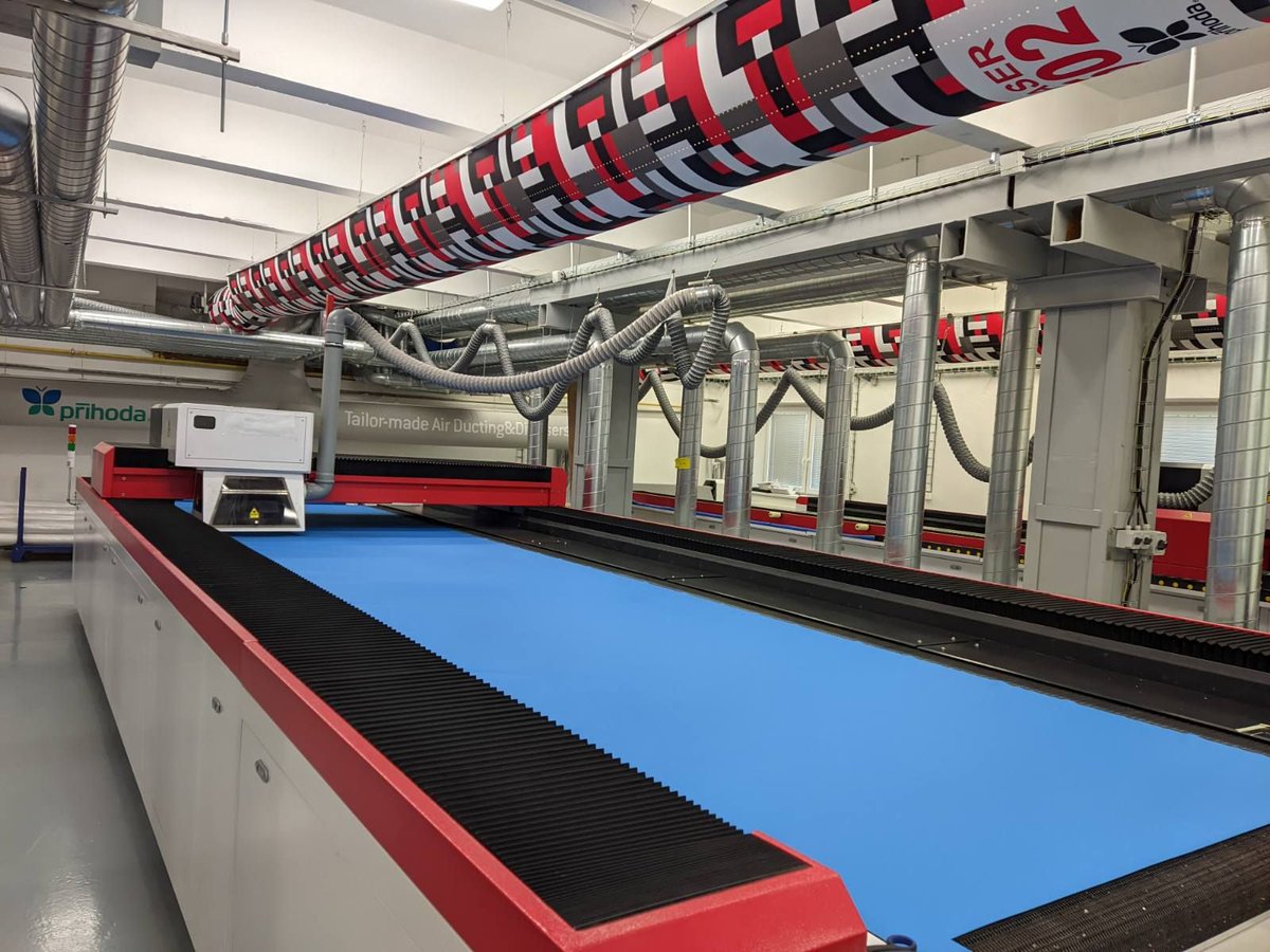 Laser machine 2 at the #Prihoda factory - these machines cut material &amp; diffuser perforations for majority of the projects that are made at Prihoda Europe - note the Prihoda #fabricducts above the laser with Prihoda art printing - see more on that here: ow.ly/mcTY50JmZyG