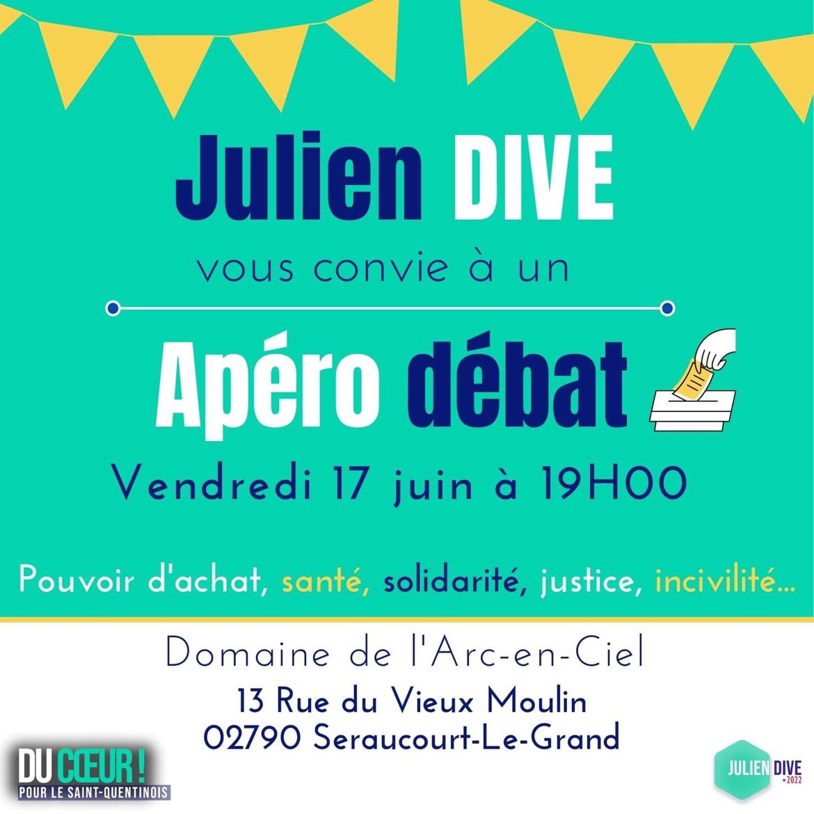 AvecJulien2022's tweet photo. 🍺𝐀𝐏𝐄́𝐑𝐎 𝐃𝐄́𝐁𝐀𝐓 𝐀𝐕𝐄𝐂 @JulienDive 

📍Rendez-vous demain à 19H00 au Domaine de l’Arc-en-Ciel à Seraucourt-Le-Grand pour échanger avec votre député sur tous les sujets qui vous tiennent à ♥️

+1 pour ceux qui ramènent un proche qui s’est abstenu 😉 

#Legislatives https://t.co/18bj2iJtZl