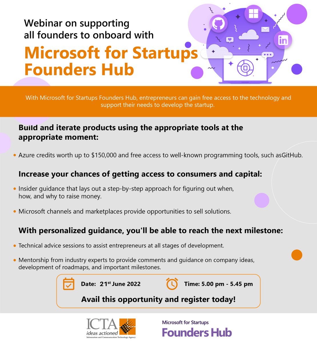 startup_sl's tweet photo. With Microsoft for Startups Founders Hub, entrepreneurs can get up to $150,000 in Azure credits and gain free access to technology and support. Session  will be held on the 21st of June from 5.00 pm to 5.45 pm.

Register now: https://t.co/R7gjeKabHV https://t.co/eljPjgzIZy