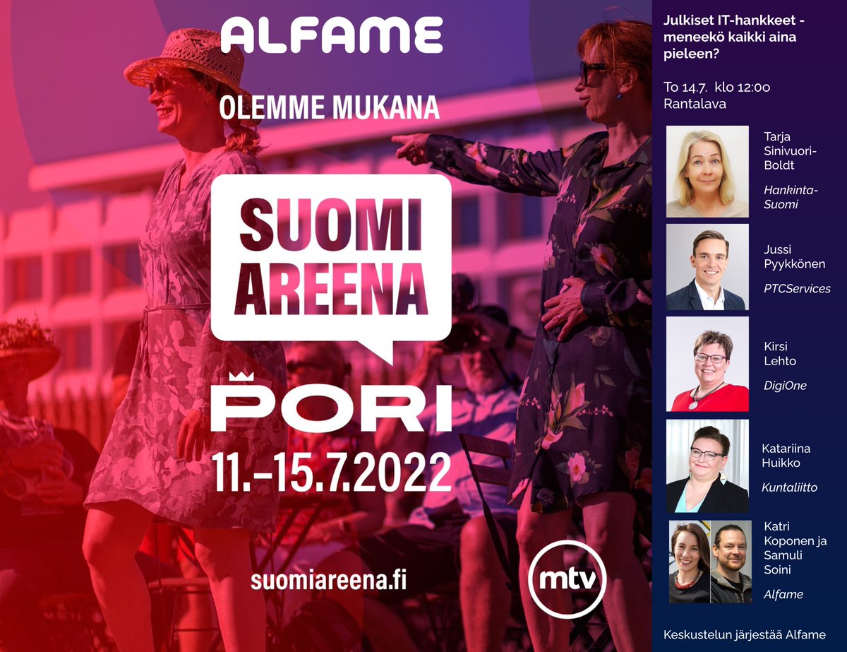 AlfameSystems's tweet photo. Julkiset IT-hankkeet – meneekö kaikki aina pieleen?

Tervetuloa @SuomiAreena keskusteluumme 14.7! Tulevaisuuden hankintoja miettimässä myös @DigioneFi @hankintasuomi @PTCServicesOy @Kuntaliitto asiantuntijat.

Tietoja: https://t.co/uPyDd7OZhe

#suomiareena2022 #julkisethankinnat https://t.co/jIZvwTDiSj
